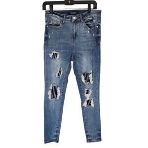 Judy Blue Jeans Women‎ 7 28 Distressed Ripped Skinny Blue Denim Striped Patch